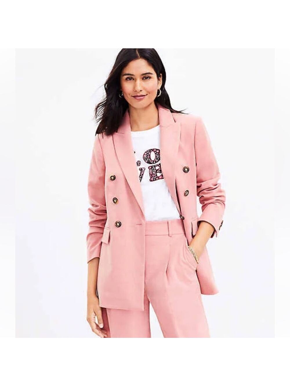 LOFT Brushed Flannel Double-Breasted Blazer pink preppy equestrian office work 8